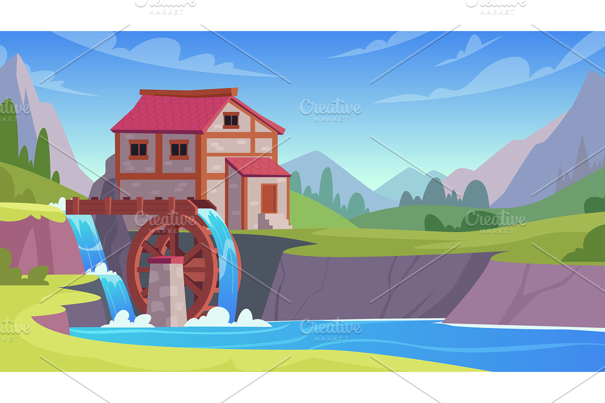 Watermill landscape. Rural outdoor, an Object Illustration by Onyx