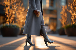 Woman walks in stylish coat and boots while holding a warm drink in a softly li, a Person Photo by AlyaAnd