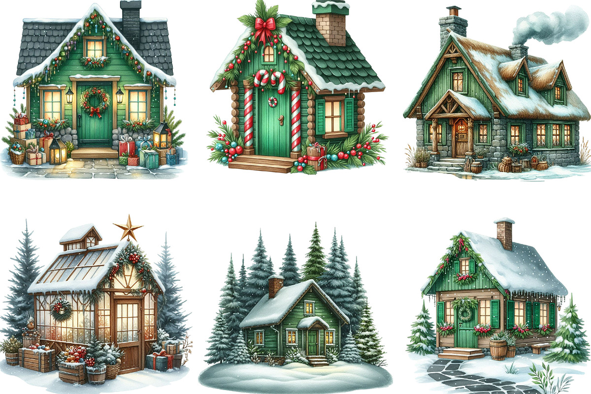 Cozy Green Winter Cottage Clipart, an Illustration by Designking (Photo 2 of 5)
