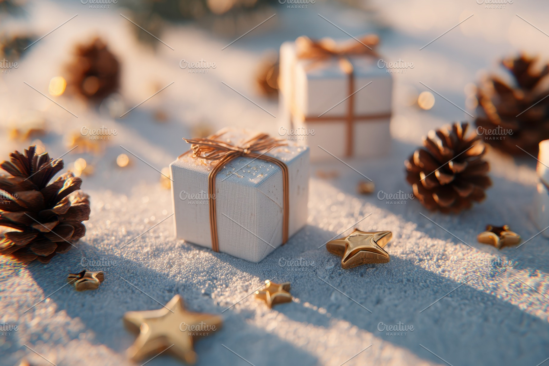 Festive holiday gifts with pine cones and stars, a Holiday Photo by AlyaAnd