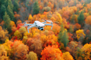 Drone flying over vibrant autumn forest filled with colorful foliage and trees, a Photo by AlyaAnd