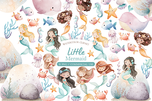 Watercolor Mermaid Clipart Bundle, an Illustration by MockupWizard