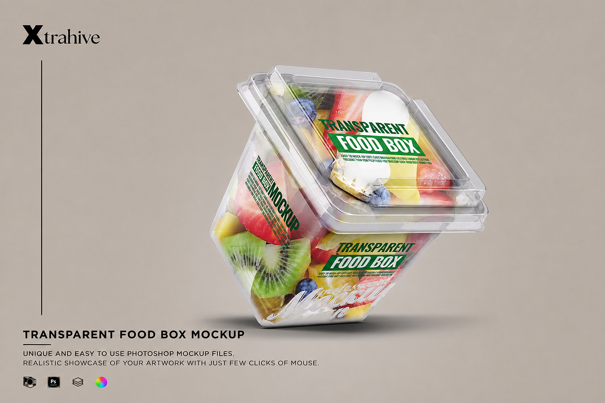Transparent Food Box Mockup, a Packaging Mockup by Xtrahive (Photo 1 of 2)