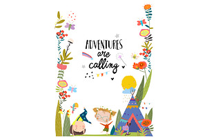 Cartoon Flower Frame with Happy Kids, a Person Illustration by Maria Starus