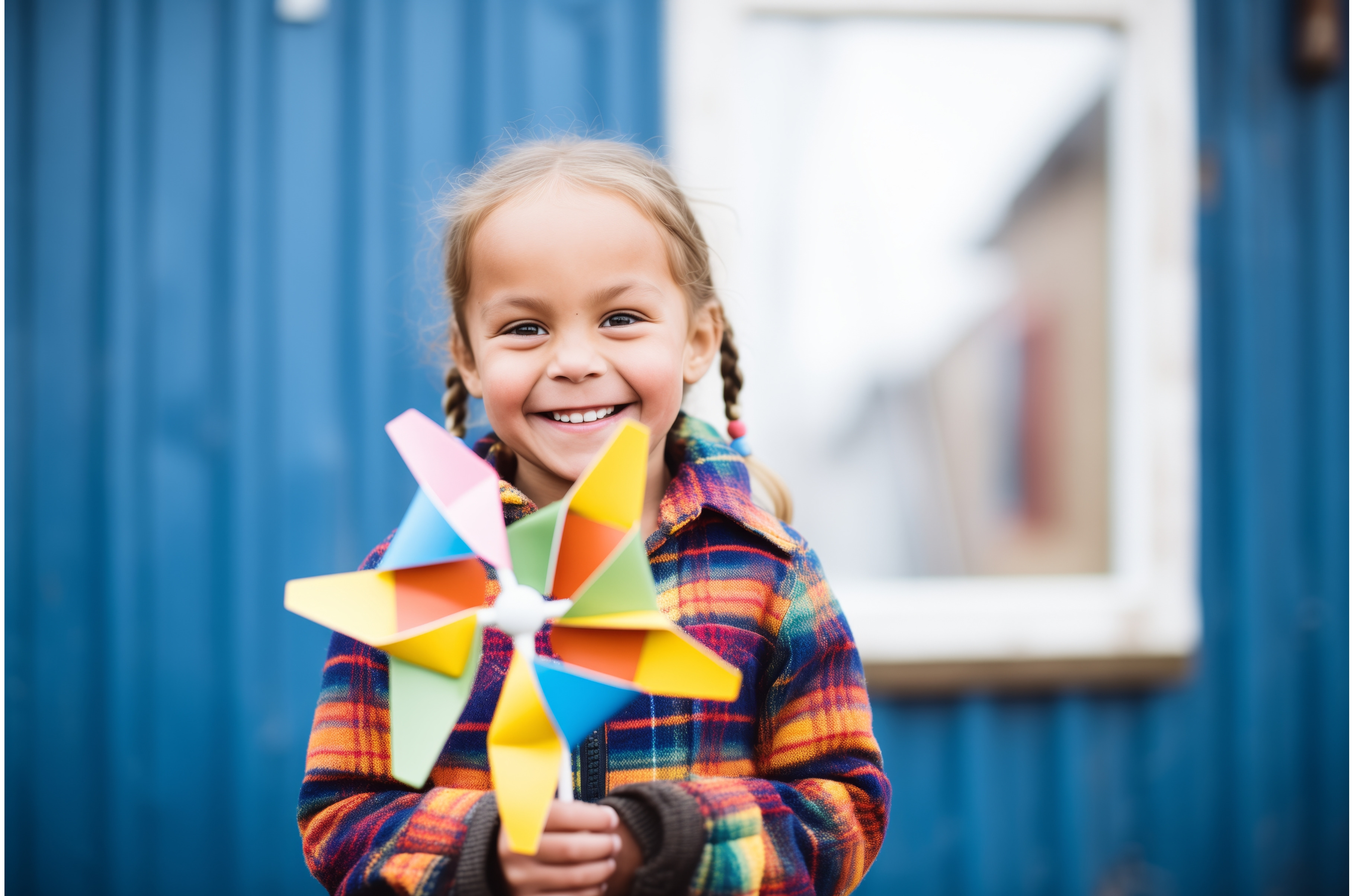 smiling child holding a pinwheel, a Person Photo by Sergey Kotenev