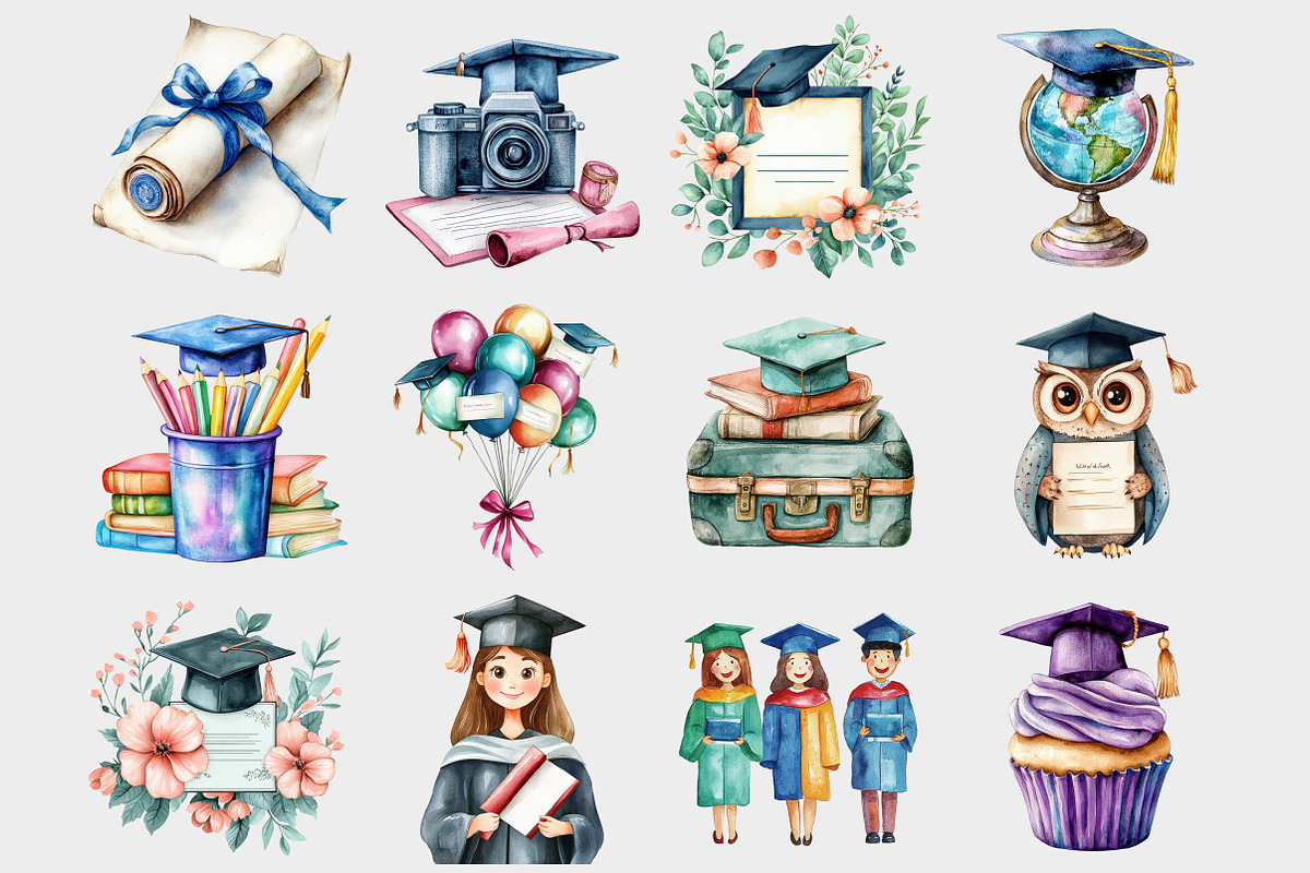Watercolor Graduation Clipart, a Seasonal Illustration by Design Market (Photo 2 of 5)
