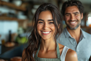 Smiling young woman and man in a cozy kitchen, showcasing their passion for coo, a Person Photo by ImageMir