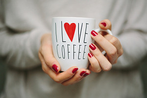 """i love coffee"" cup stock photo containing girl and hands"