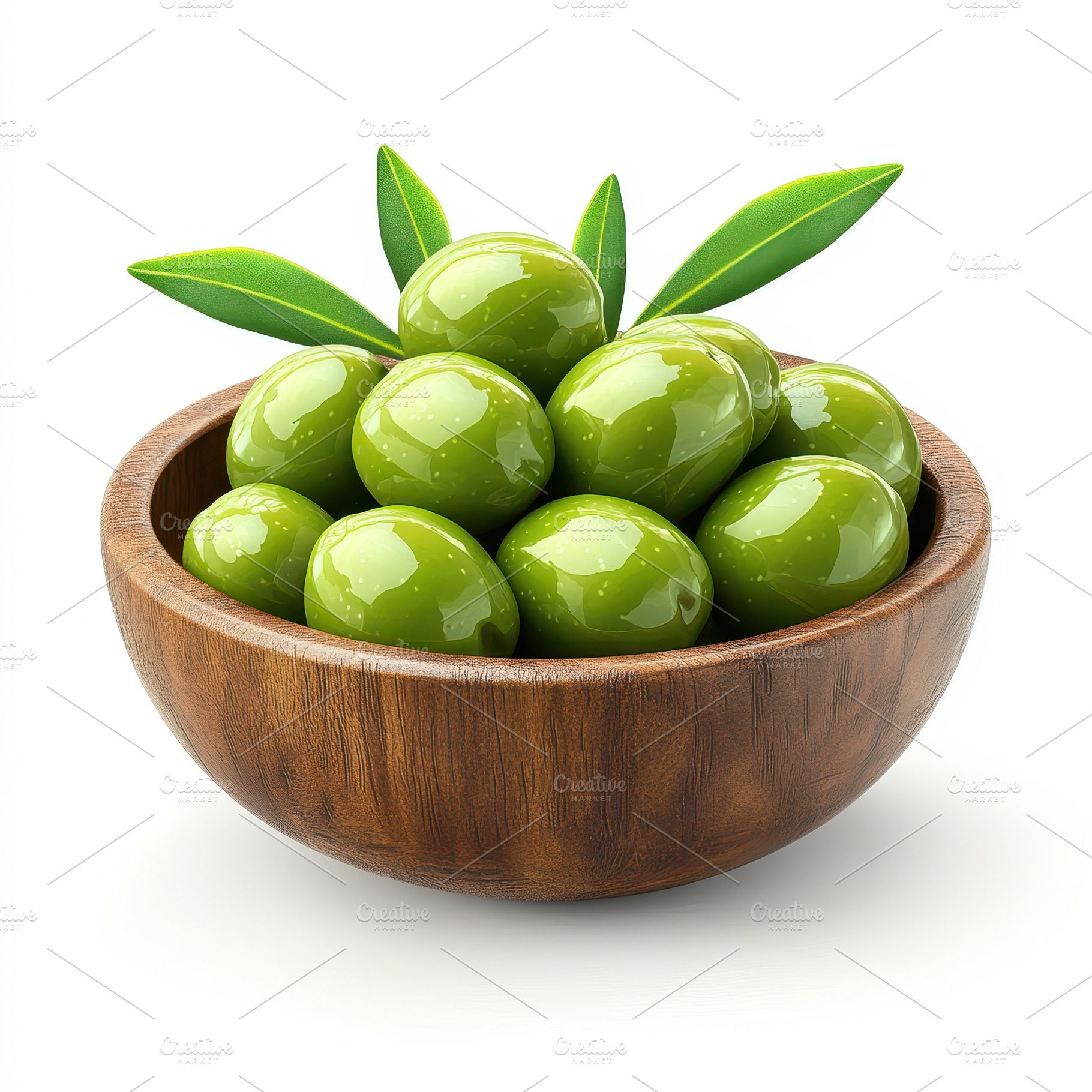 Green olives in a wooden bowl with l, a Food & Drink Photo by Pixeness Studio