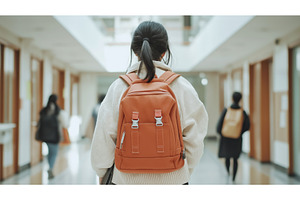 Asian student wearing a backpack, a School & Education Photo by Sergey Kotenev