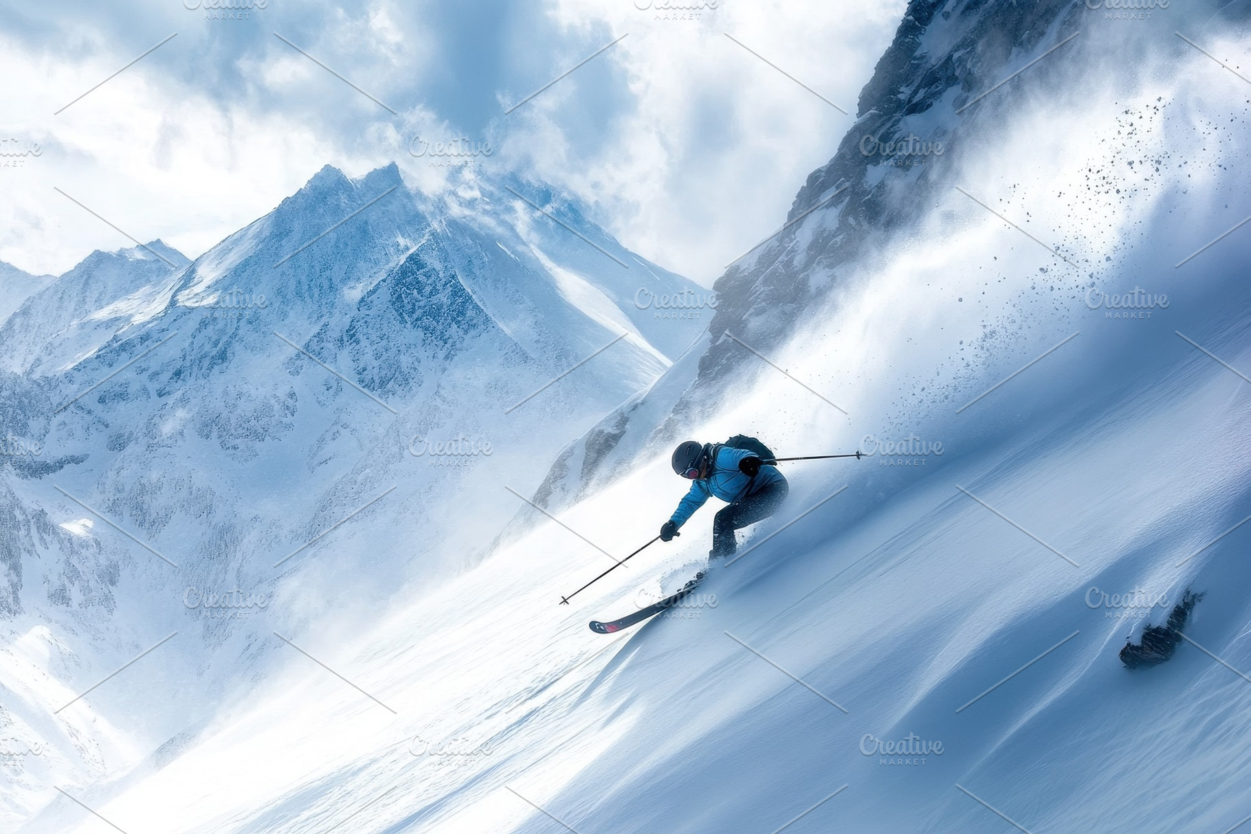 Skiing down a pristine mountain, a Photo by Pavel_design