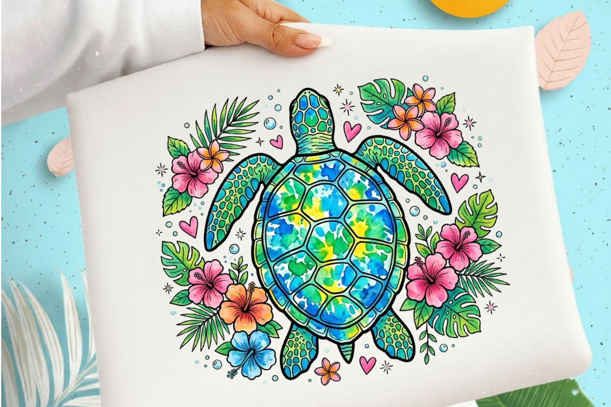 Summer Sea Turtle Waves Flowers PNG, an Illustration by Designking (Photo 5 of 6)