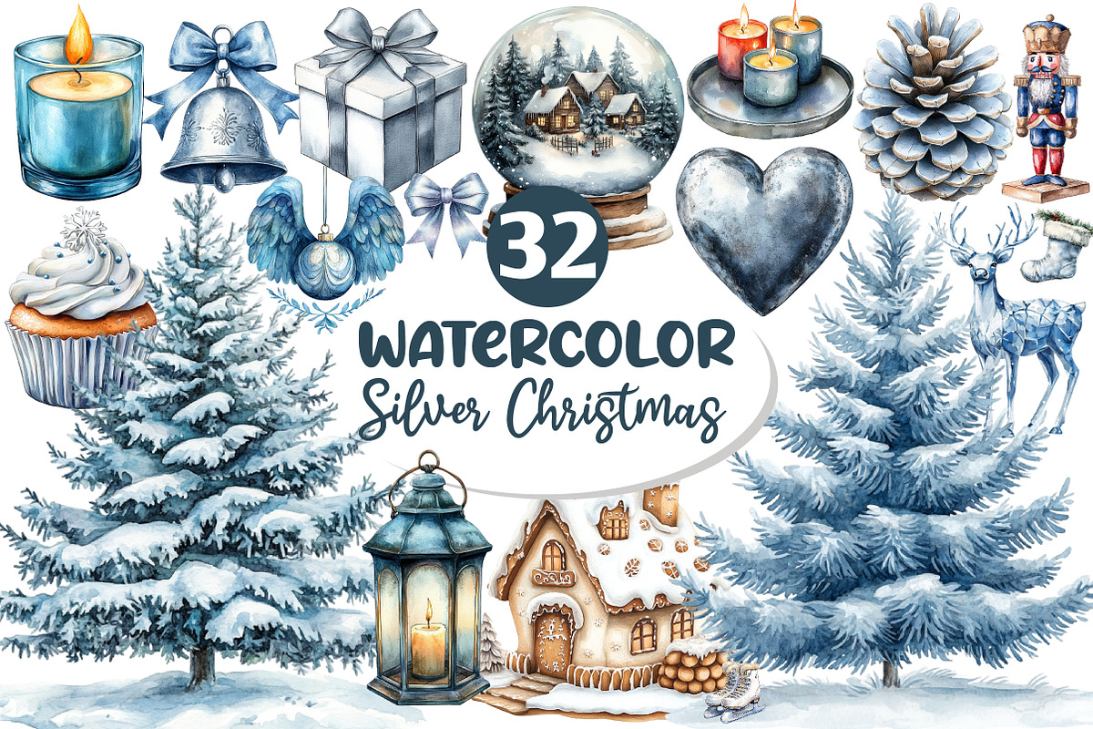 Silver Christmas Watercolor Clipart, an Illustration by Dream Creation (Photo 1 of 7)