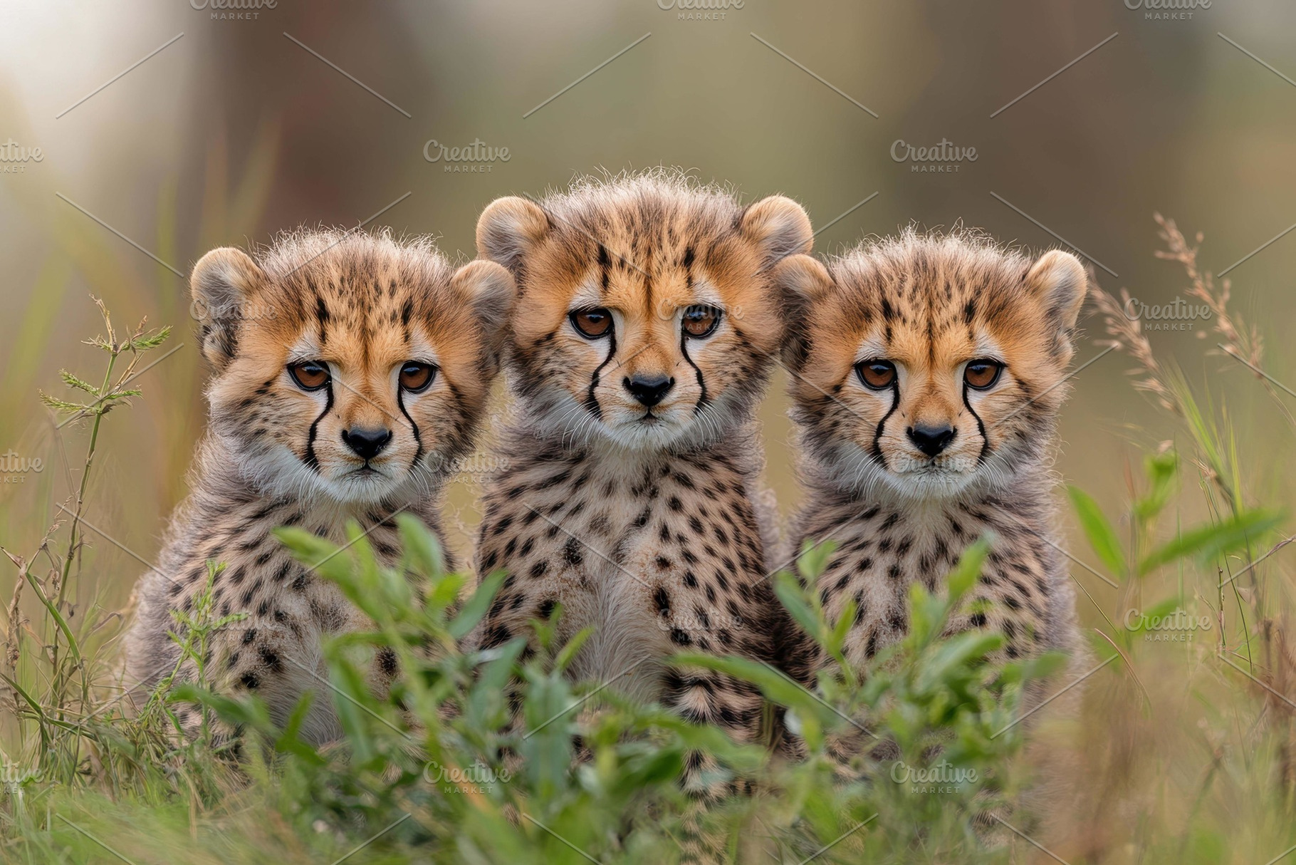 Three playful cheetah cubs resting t, a Photo by Tanuart