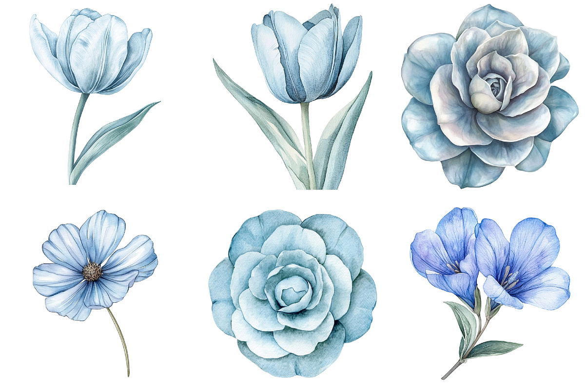 Dusty blue watercolor floral clipart, an Illustration by Watercolor design (Photo 5 of 5)
