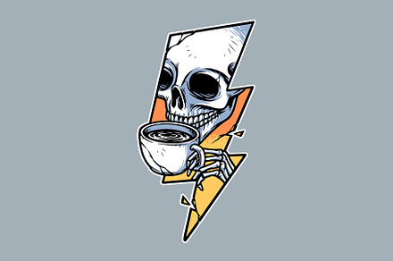 skull drinking coffee and lightning
