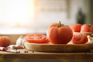 Fresh Tomato with Garlic on Rustic Board, a Food & Drink Photo by Davizro's Market
