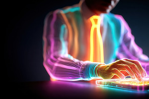 Person wearing glowing neon tie working on a keyboard in a dark room, a Photo by AlyaAnd