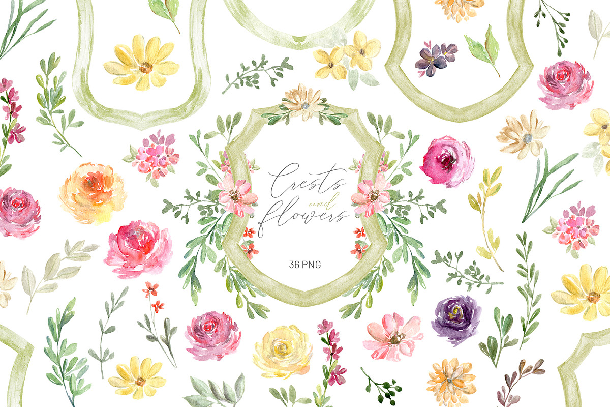 Watercolor Crests & Flowers & Frames, a Decorative Illustration by GraphicsDish (Photo 1 of 4)