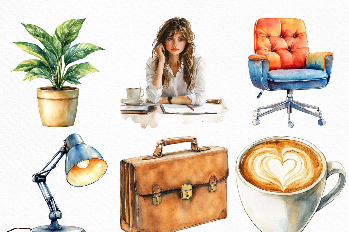 Watercolor Office Time Clipart, an Illustration by Craft Nest (Photo 2 of 6)
