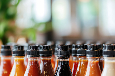 Variety of glass bottles with hot pe
