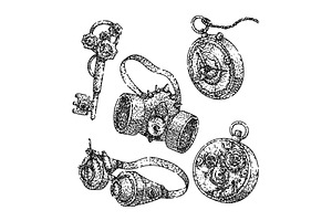 steampunk device set sketch hand, an Illustration by pikepicture