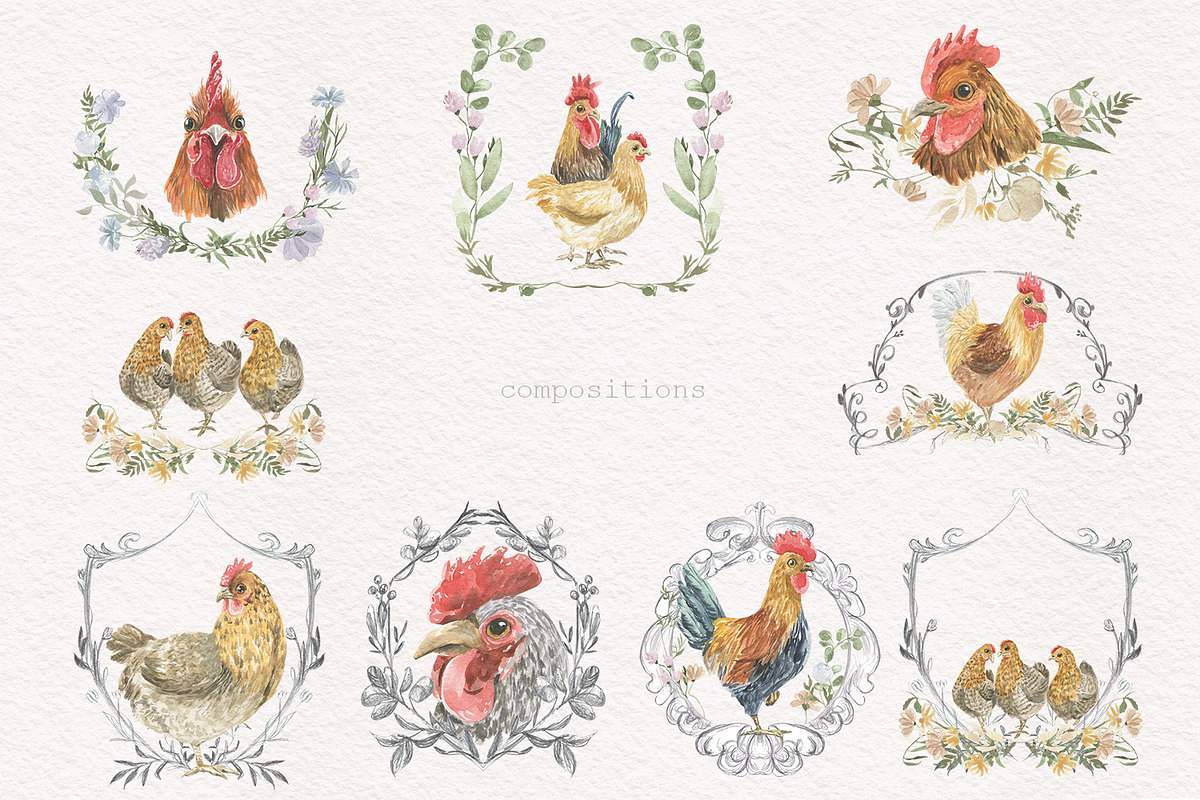 Hens and roosters, an Illustration by Love Watercolor Store (Photo 9 of 10)