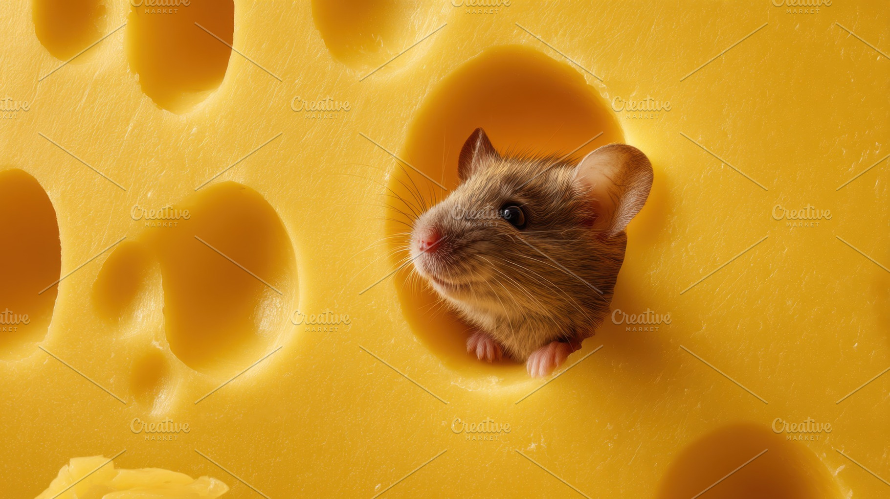 Mouse looks out from cheese hole, a Photo by Beautiful things