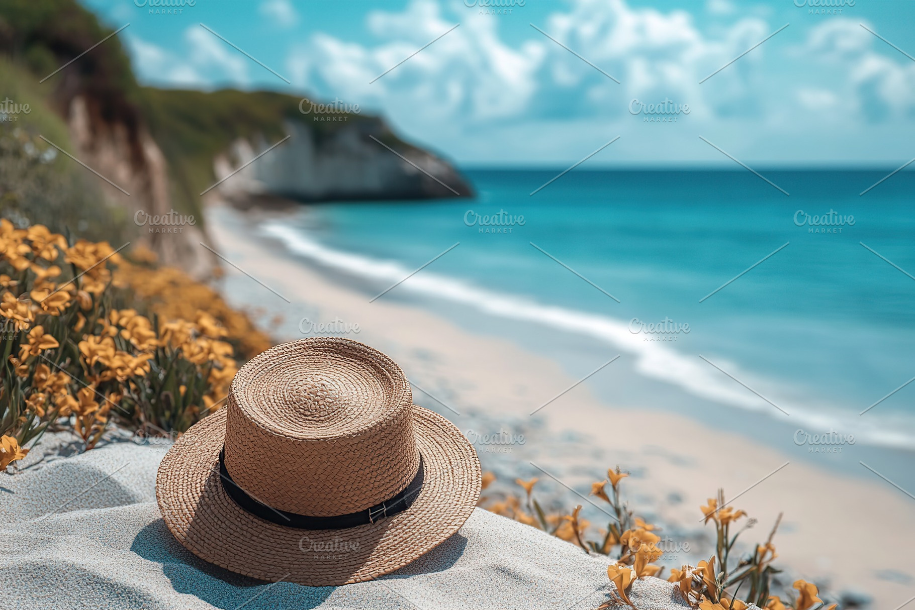 Relaxing on a sunny beach with a straw hat and vibrant flowers along the shore, an Abstract Photo by AlyaAnd