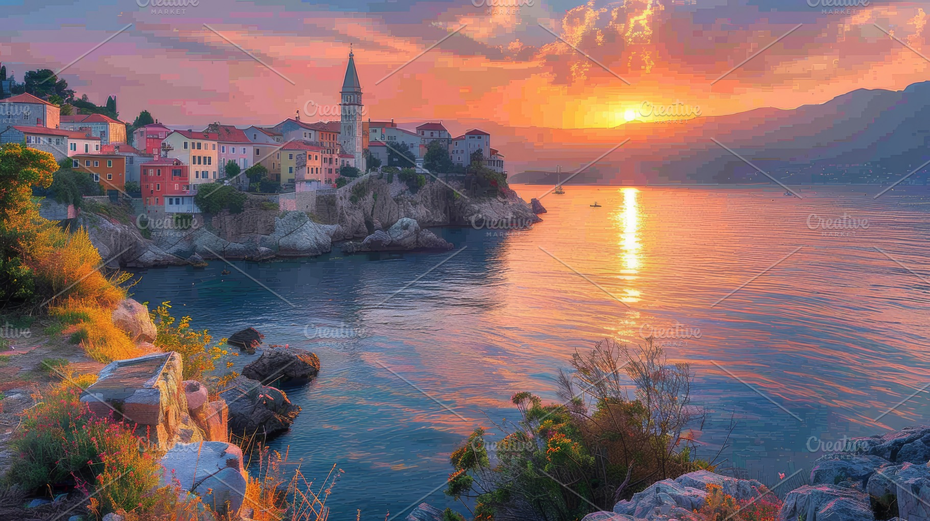 Breathtaking Evening Cityscape of Vrbnik Town at Sunset, a Photo by AS photostudio