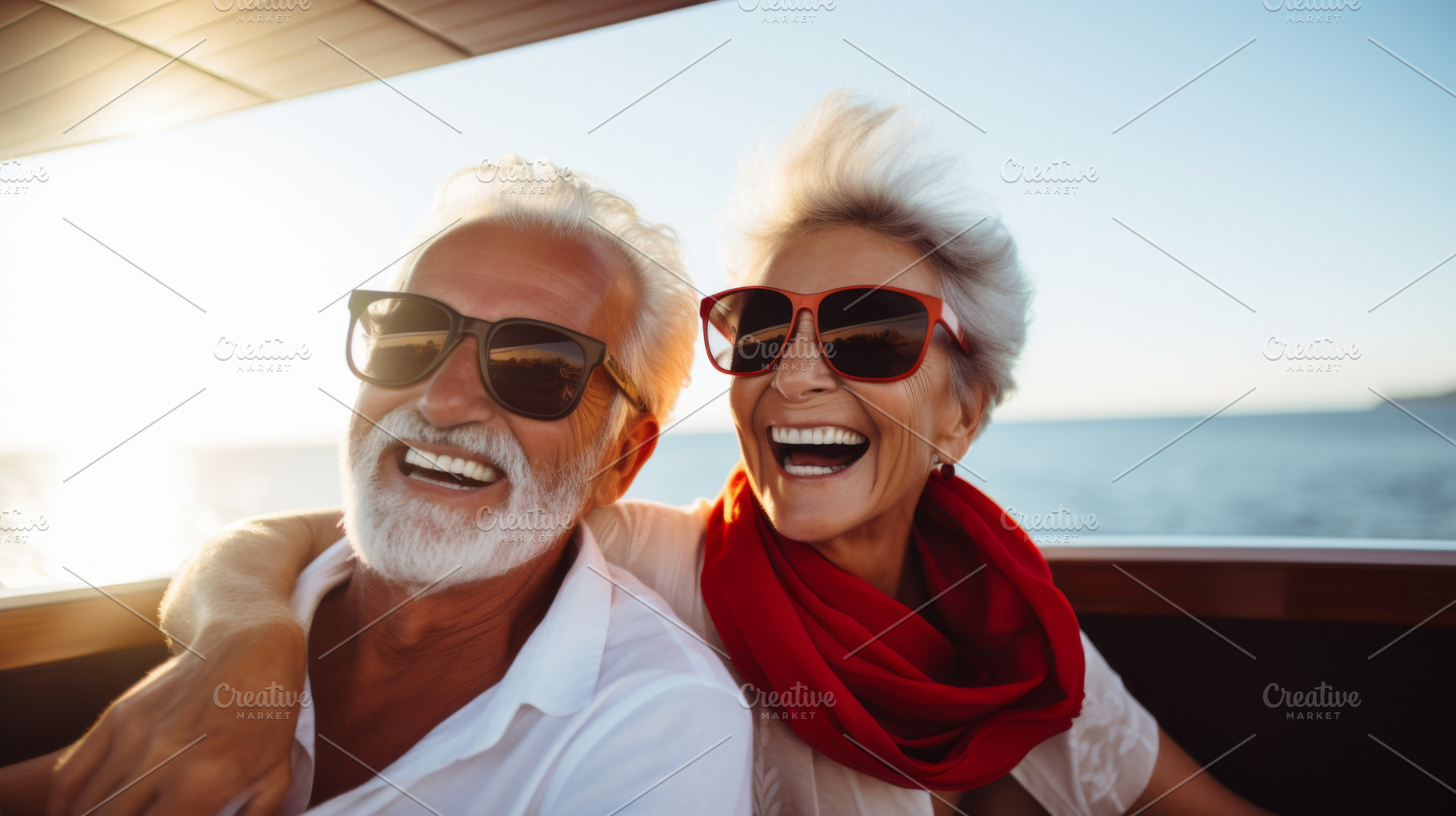 Elderly couple enjoying a summer boa, a Photo by Dvoevnore photos