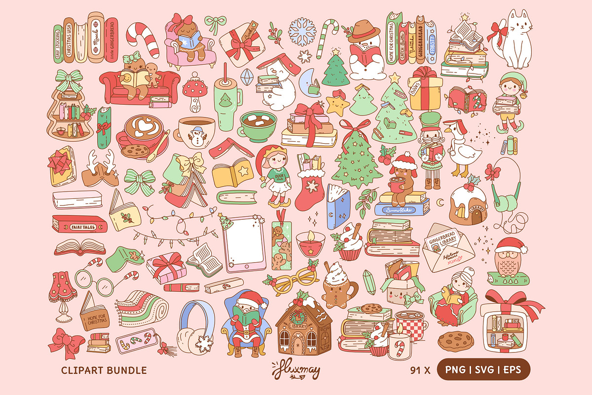Bookish Christmas Clipart bundle, a Seasonal Illustration by Huxmay (Photo 2 of 6)