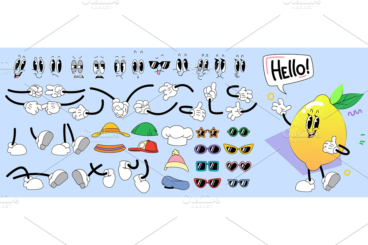 Lemon cartoon character creation kit, a Food Illustration by art PVP - market