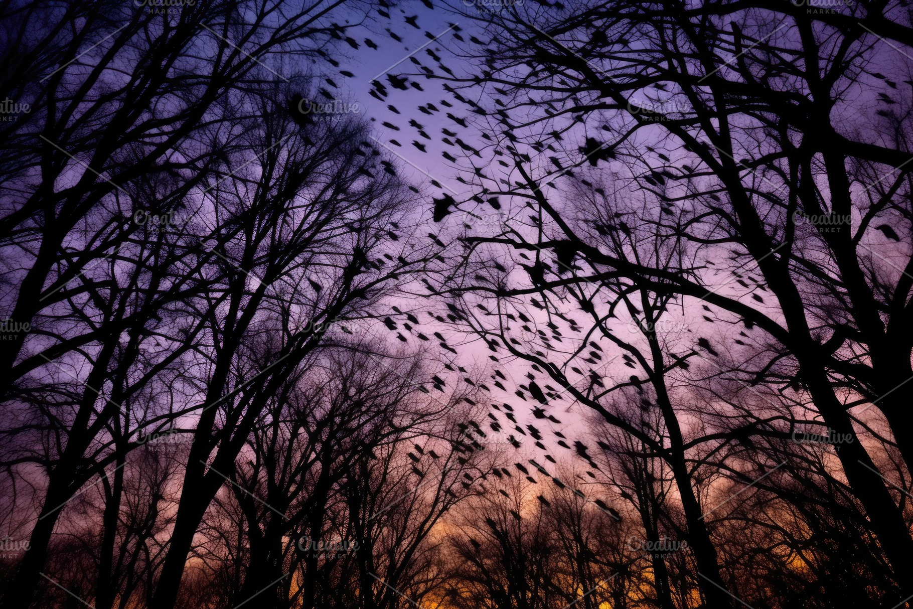 A stunning long - exposure shot of barren trees against the back, a Nature Photo by designvectx