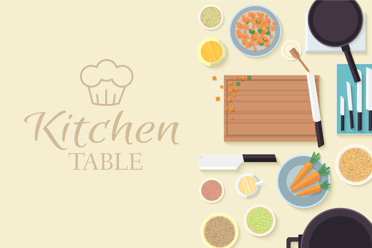 Flat kitchen table vector concept, a Food Illustration by LineTale
