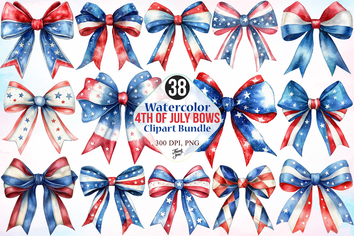 Watercolor 4th of July Bows Clipart, a Seasonal Illustration by Canvas Craft (Photo 1 of 5)