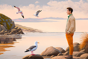 Man standing at border of rock coast, a Person Illustration by DanFLCreativo