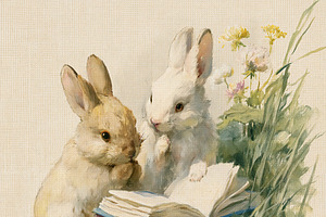 Two cute bunnies reading books in a whimsical fine art style, le, an Illustration by Studio ANNA