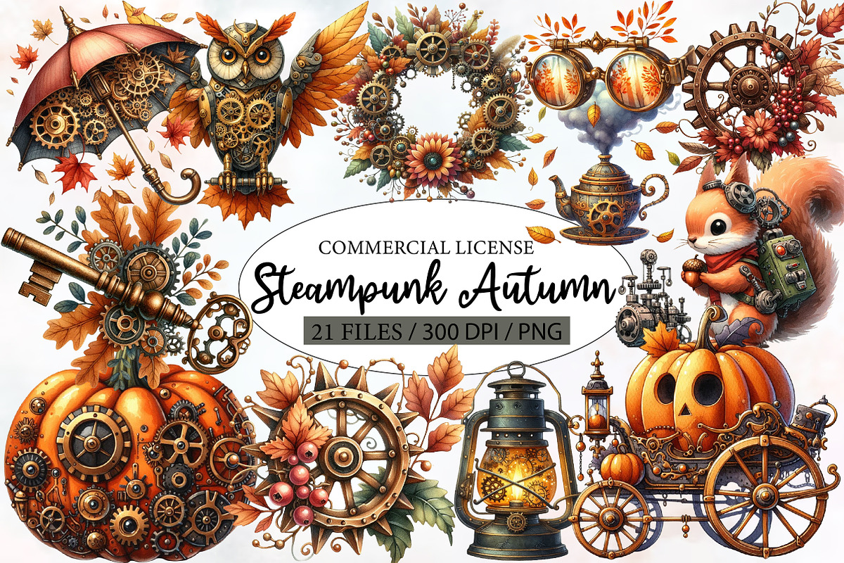 Watercolor Steampunk Autumn Clipart, an Illustration by Designworld (Photo 1 of 6)