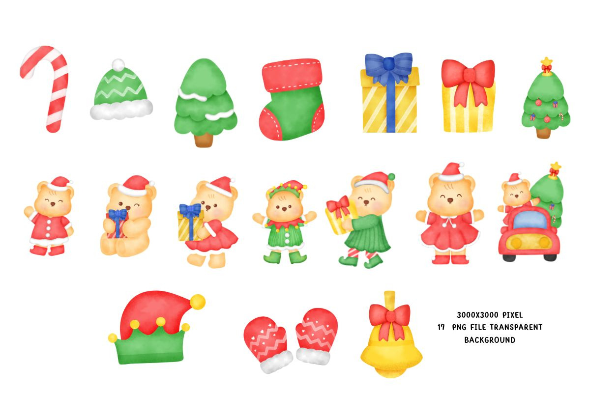 Cute Christmas Bear Clipart PNG Set, an Animal Illustration by Nattapohncha (Photo 2 of 3)