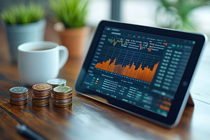 Financial analysis on tablet with co, a Photo by Tanuart