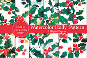 Watercolor Holly Pattern, an Illustration by Designworld (Thumbnail 1 of 5)