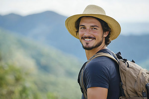 Smiling athletic man with backpack enjoying nature on a sunny day in the mounta, a Person Photo by AlyaAnd