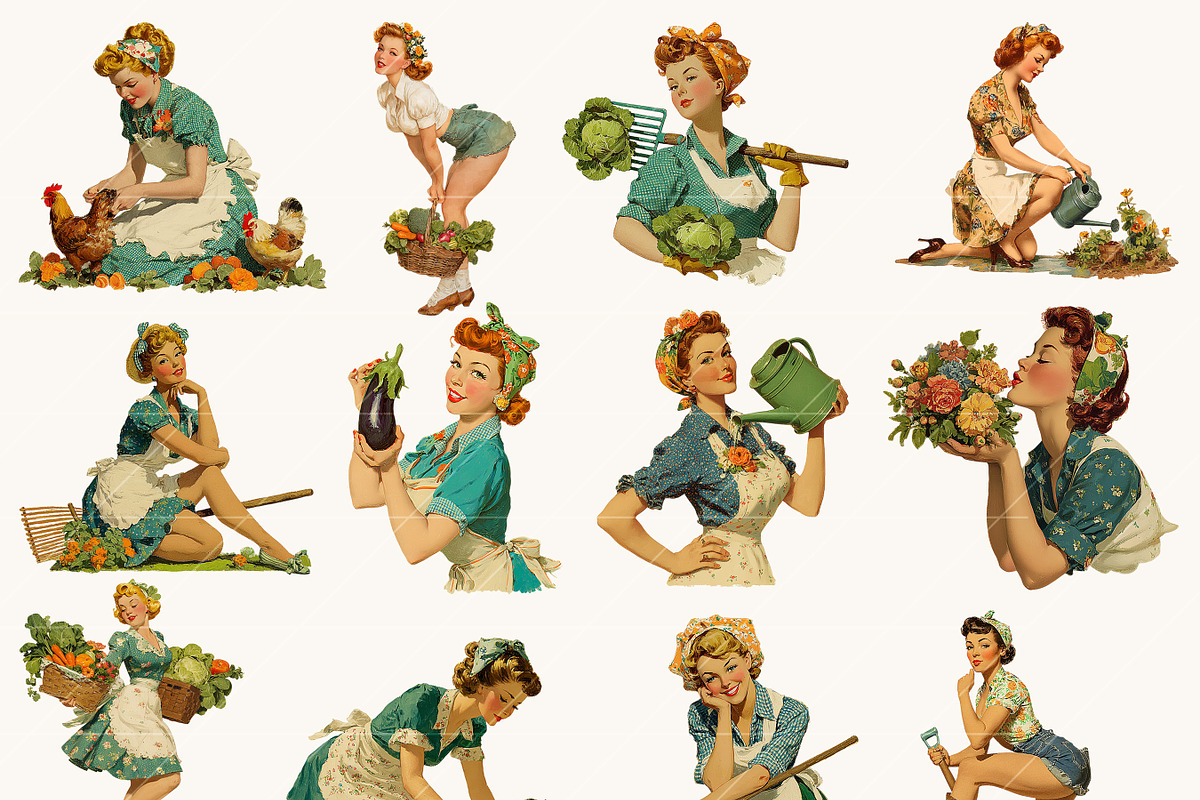 Retro Gardening Pinup Girl Clipart, a Person Illustration by BusyDaydesign (Photo 3 of 9)