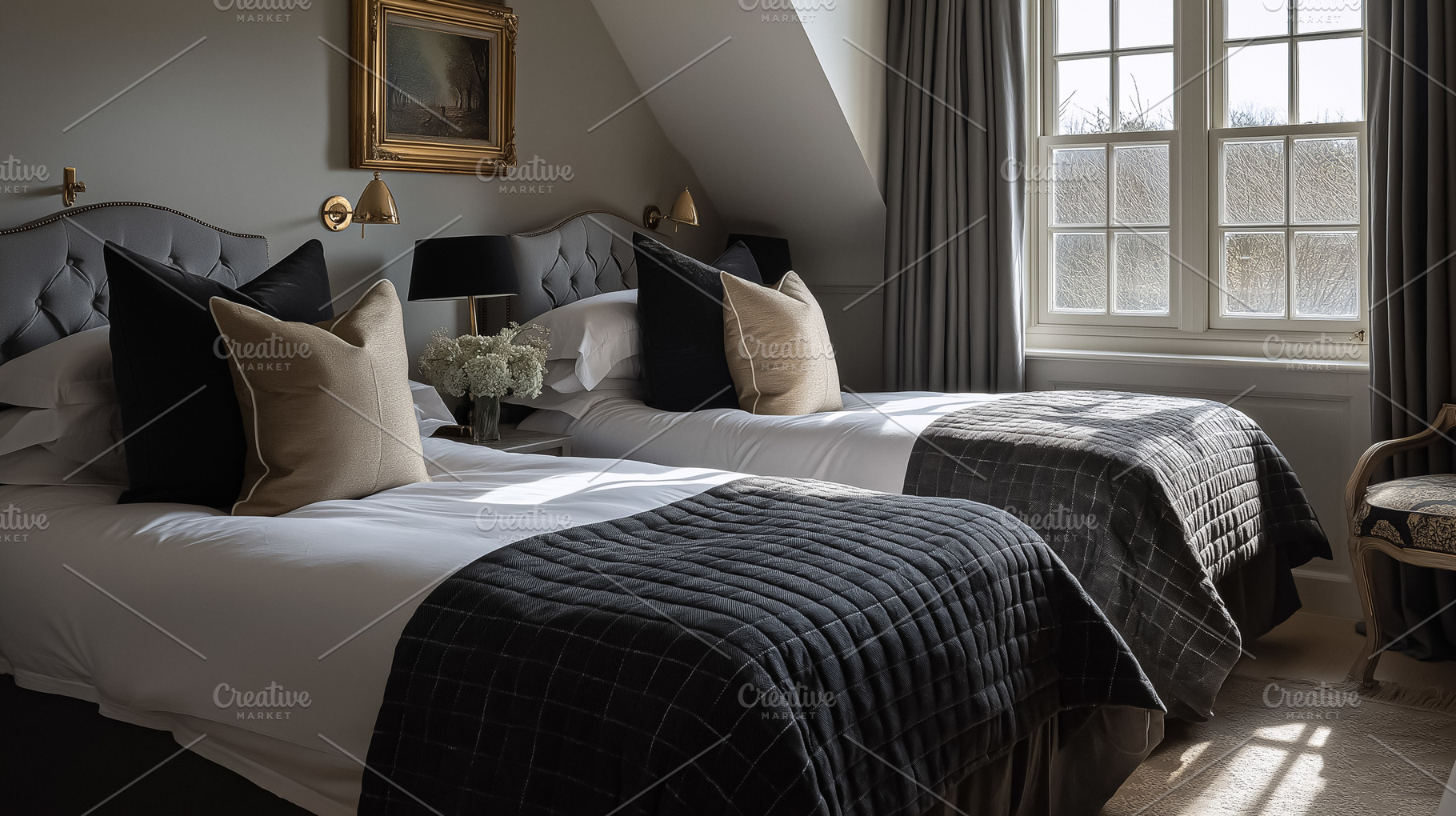 Two classic twin beds arranged in a well lit hotel room, showcasing timeless de, an Architecture Photo by Studio ANNA