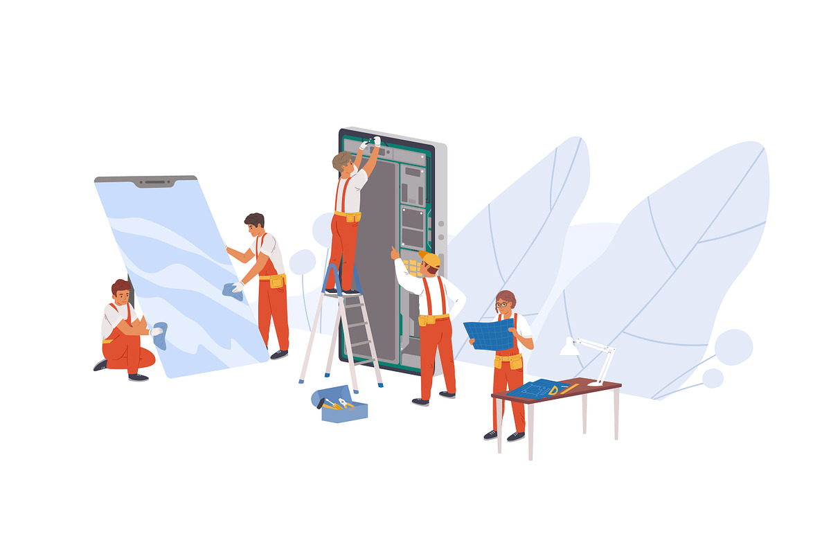 Service workers repairing smartphone, a Person Illustration by Good Studio (Photo 1 of 3)