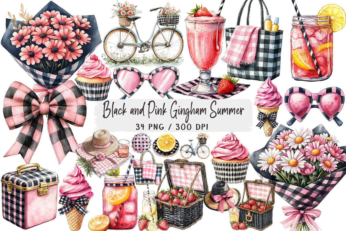 Black and Pink Gingham Summer Clipar, an Illustration by DreamArtGraphic (Photo 1 of 4)