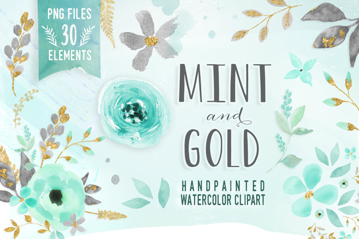 Mint & Gold -  flower clipart, an Illustration by DigitalCloud (Photo 1 of 6)