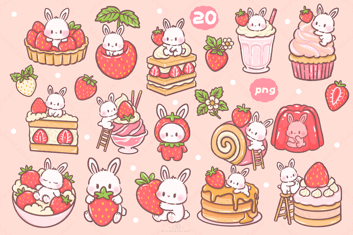 Kawaii Bunny Strawberry Dessert, an Animal Illustration by Blumensdiary (Photo 2 of 6)