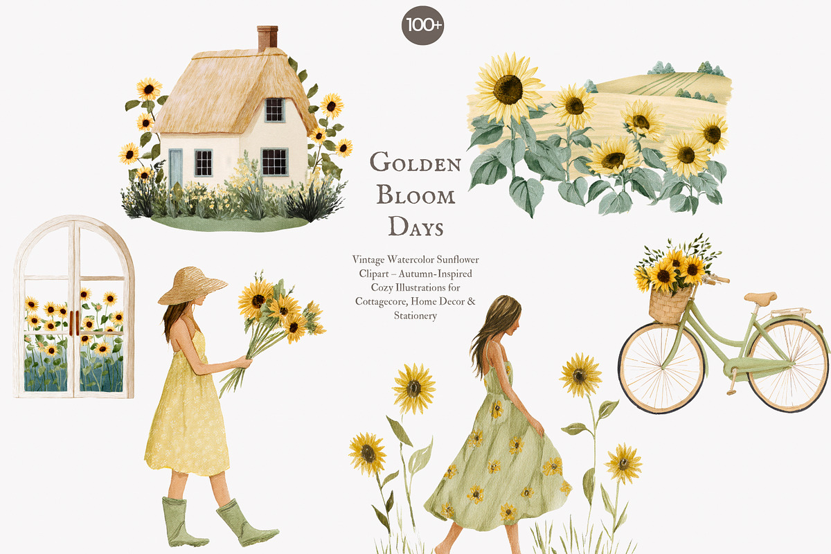 sunflower cottagecore clipart set, a Decorative Illustration by Patishop Art (Photo 3 of 10)